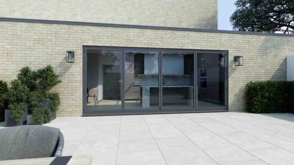 5-panel aluminium bi-fold doors in anthracite grey RAL 7016 – one of the most requested colours in 2025.