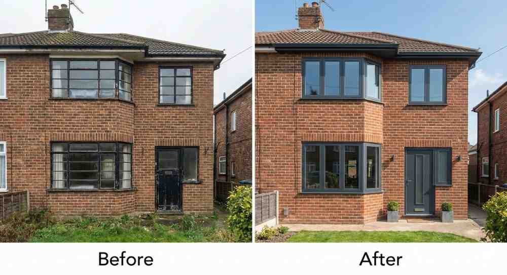 Same house in Surrey – left original 1930s crittall, right new anthracite grey flush aluminium.