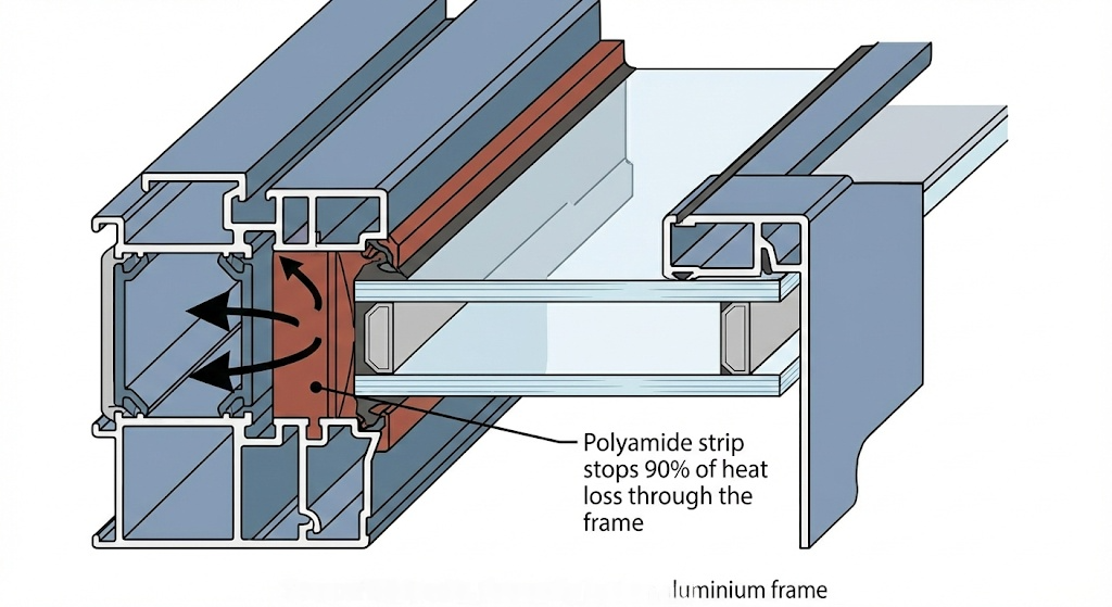 Image 2 – Cross-section of thermally broken aluminium window Source: Wikipedia – Thermal break in aluminium window. The polyamide strip stops 90% of heat loss through the frame